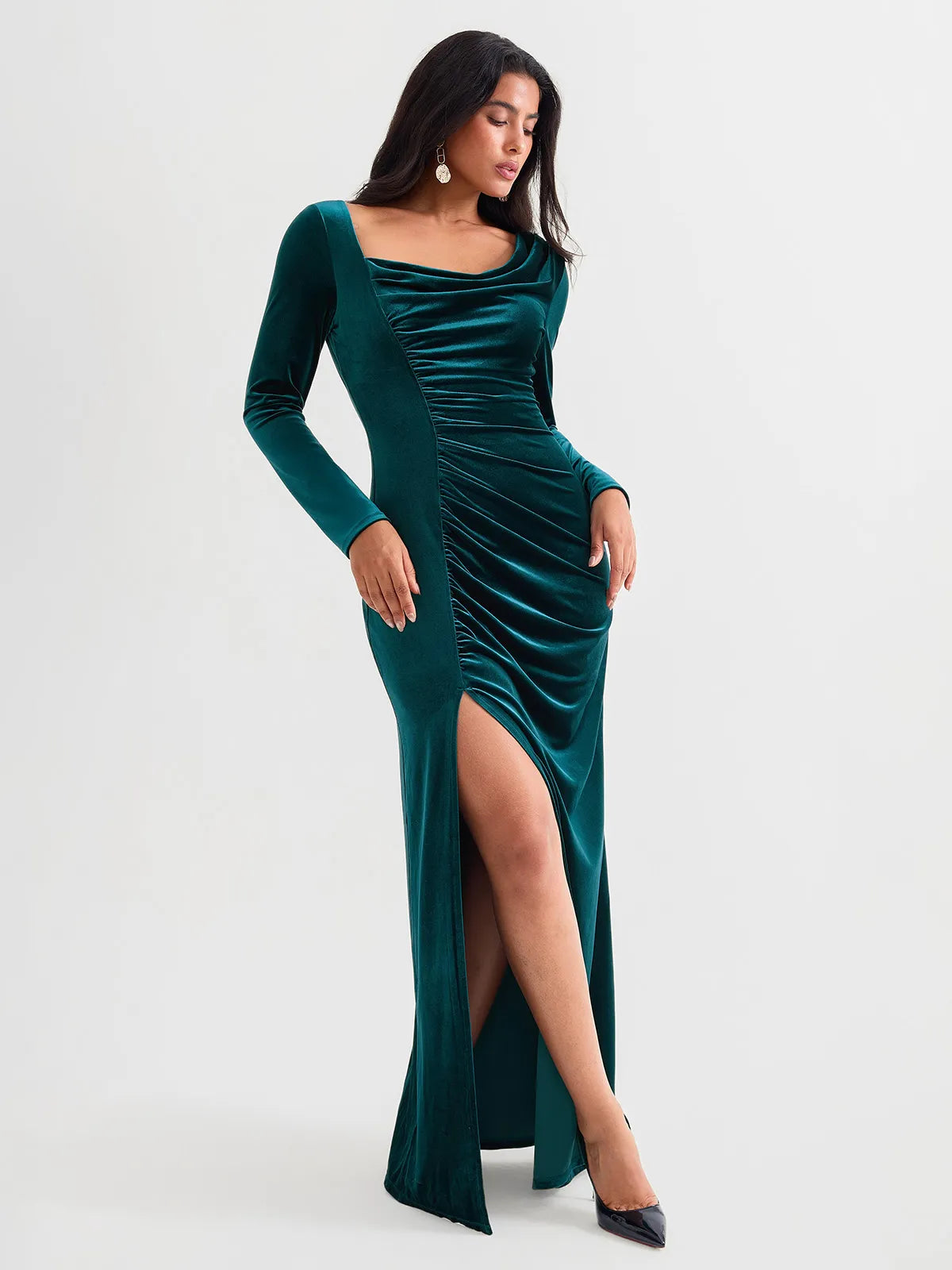 Velvet Draped Long Sleeve Sculpting Column Gown