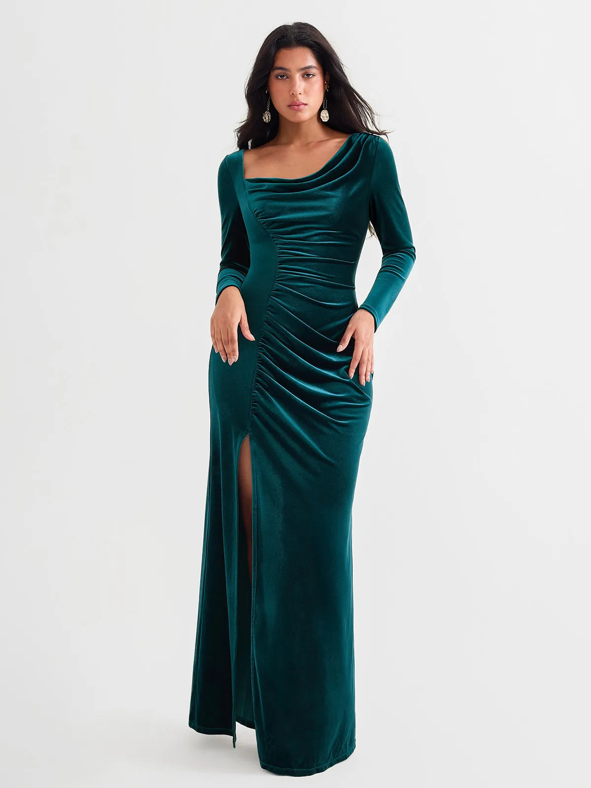 Velvet Draped Long Sleeve Sculpting Column Gown