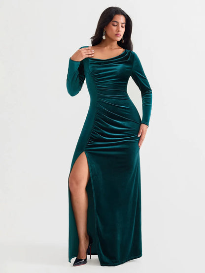 Velvet Draped Long Sleeve Sculpting Column Gown