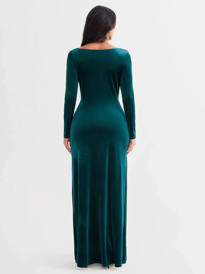 Velvet Draped Long Sleeve Sculpting Column Gown
