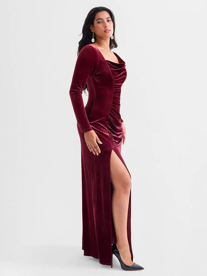 Velvet Draped Long Sleeve Sculpting Column Gown