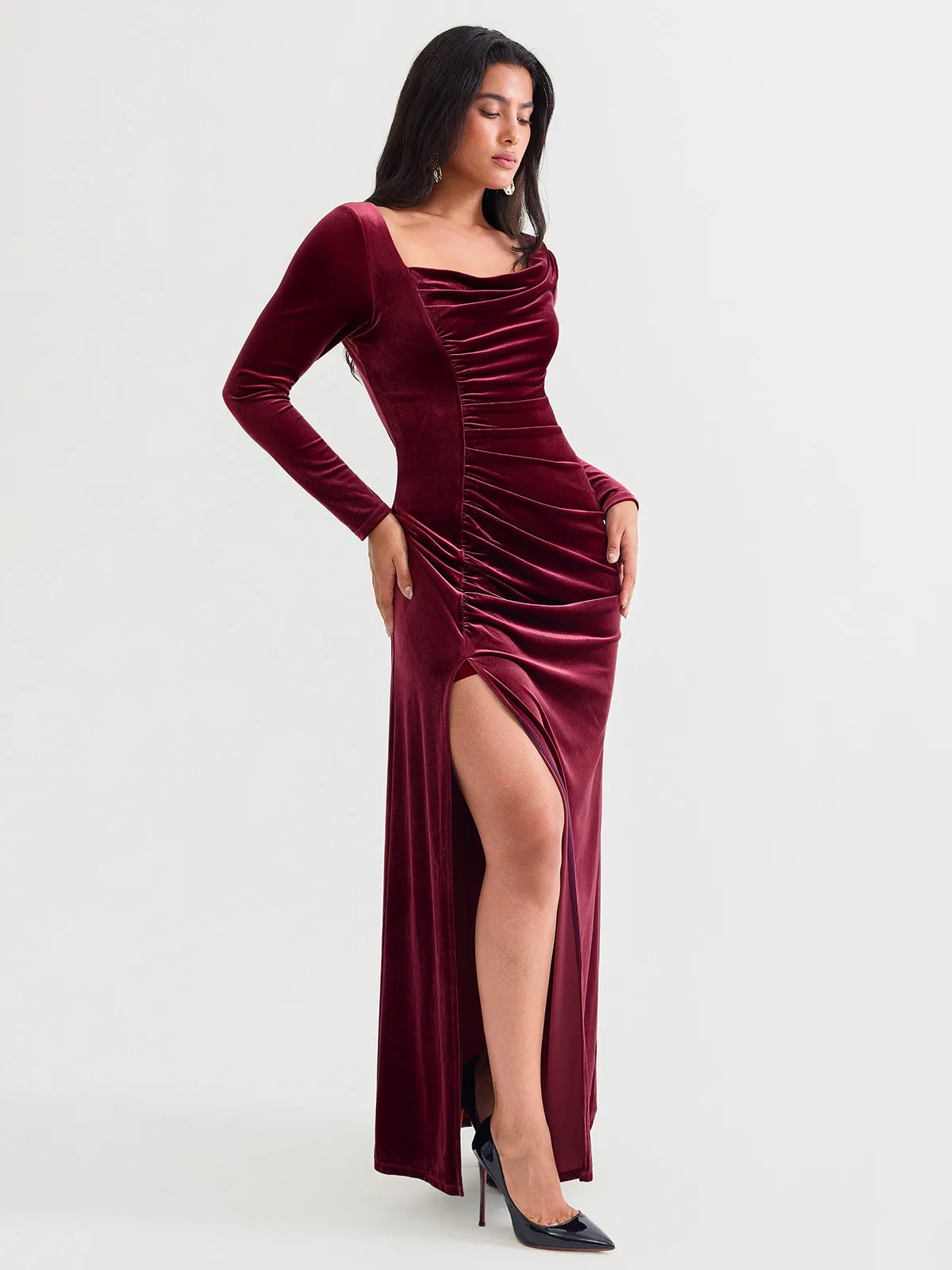 Velvet Draped Long Sleeve Sculpting Column Gown
