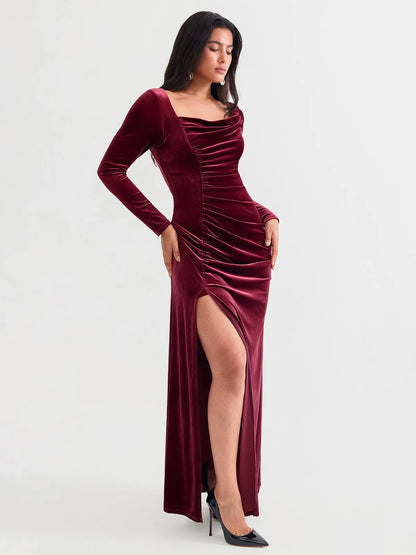 Velvet Draped Long Sleeve Sculpting Column Gown