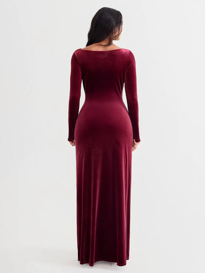 Velvet Draped Long Sleeve Sculpting Column Gown