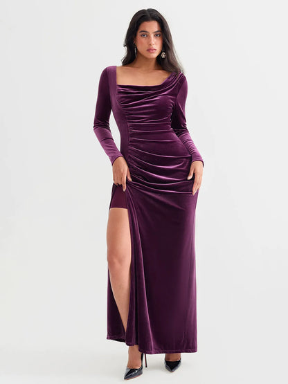 Velvet Draped Long Sleeve Sculpting Column Gown
