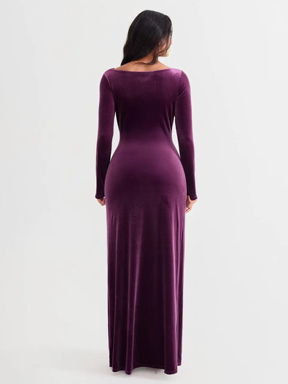 Velvet Draped Long Sleeve Sculpting Column Gown