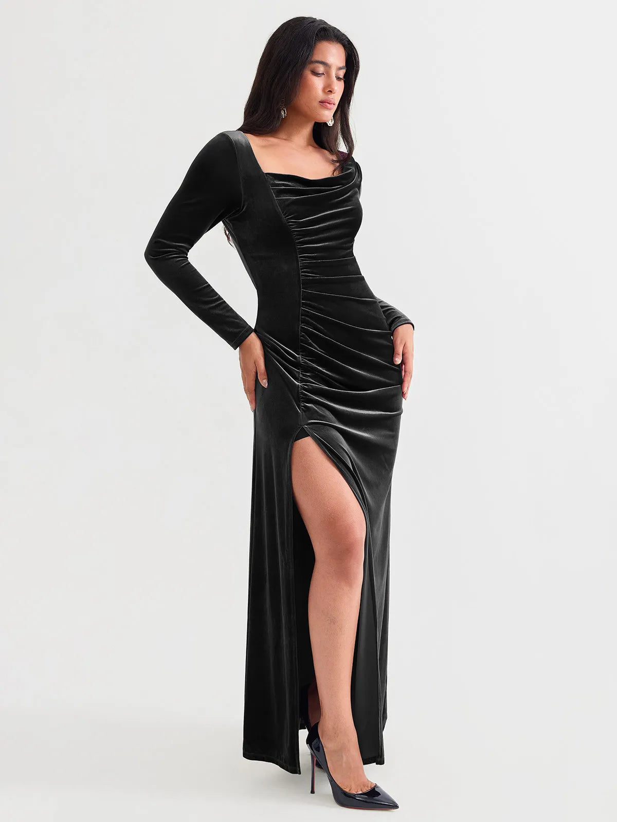 Velvet Draped Long Sleeve Sculpting Column Gown
