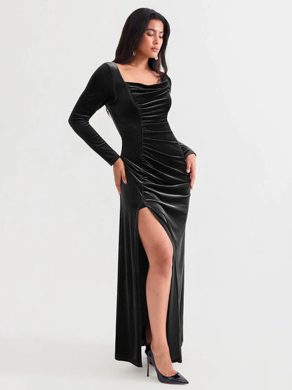 Velvet Draped Long Sleeve Sculpting Column Gown
