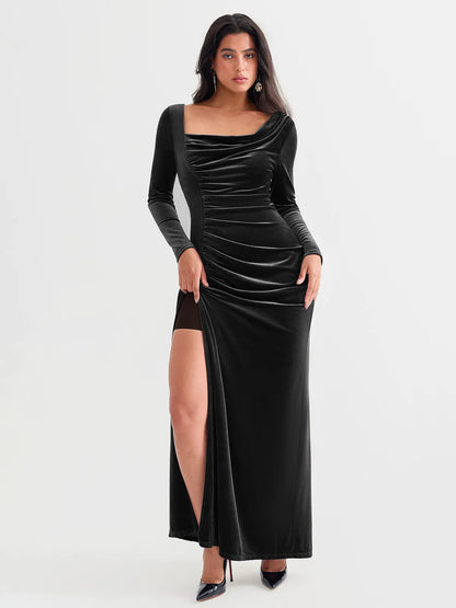 Velvet Draped Long Sleeve Sculpting Column Gown