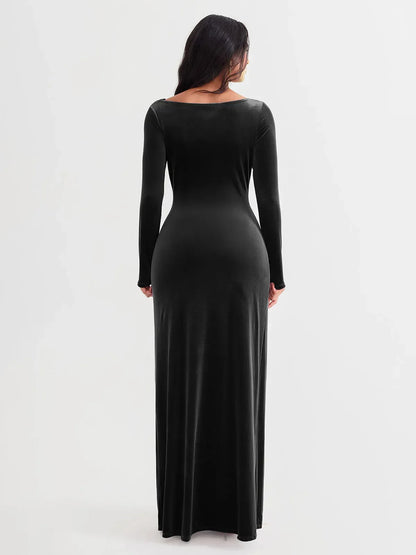 Velvet Draped Long Sleeve Sculpting Column Gown
