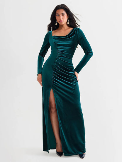 Velvet Draped Long Sleeve Sculpting Column Gown