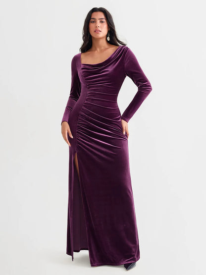Velvet Draped Long Sleeve Sculpting Column Gown
