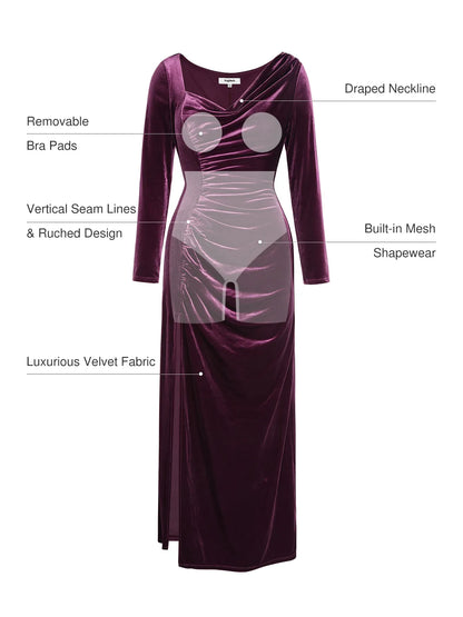 Velvet Draped Long Sleeve Sculpting Column Gown