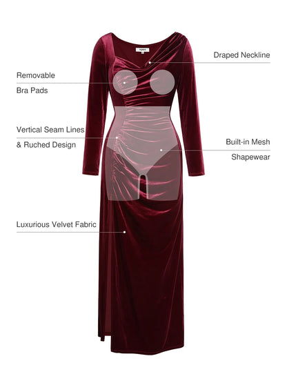 Velvet Draped Long Sleeve Sculpting Column Gown